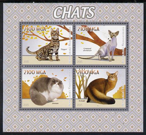 Madagascar 2015 Domestic Cats perf sheetlet containing 4 values unmounted mint, stamps on animals, stamps on cats