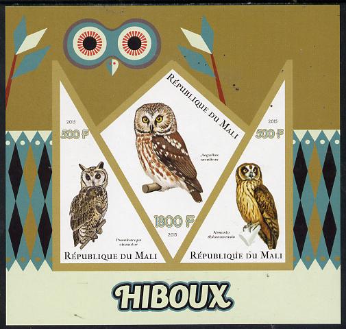 Mali 2015 Owls imperf sheetlet containing one diamond shaped & two triangular values unmounted mint, stamps on birds, stamps on birds of prey, stamps on owls, stamps on shaped, stamps on triangle, stamps on trianguler, stamps on diamond