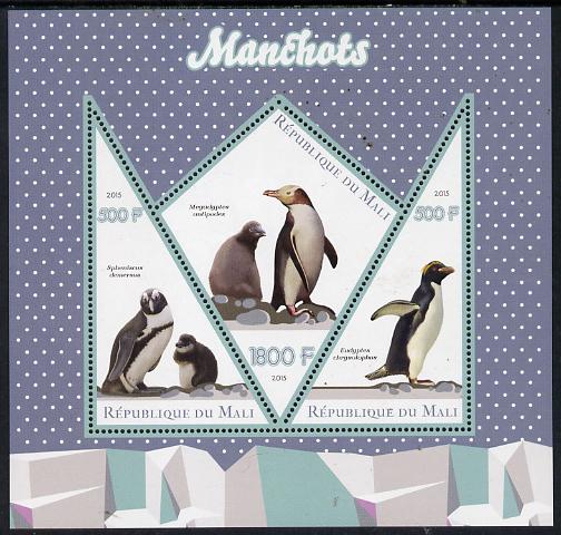 Mali 2015 Penguins perf sheetlet containing one diamond shaped & two triangular values unmounted mint, stamps on birds, stamps on penguins, stamps on shaped, stamps on triangle, stamps on trianguler, stamps on diamond