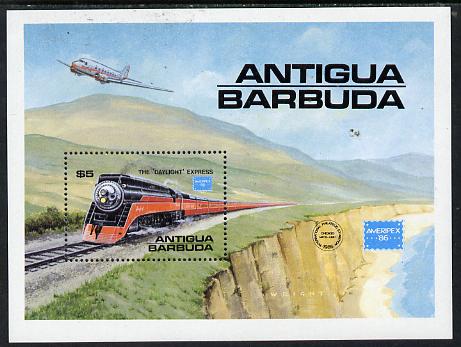 Antigua 1986 Ameripex '86 Stamp Exhibition (Famous American Trains) m/sheet unmounted mint SG MS 1018, stamps on railways     aviation, stamps on stamp exhibitions