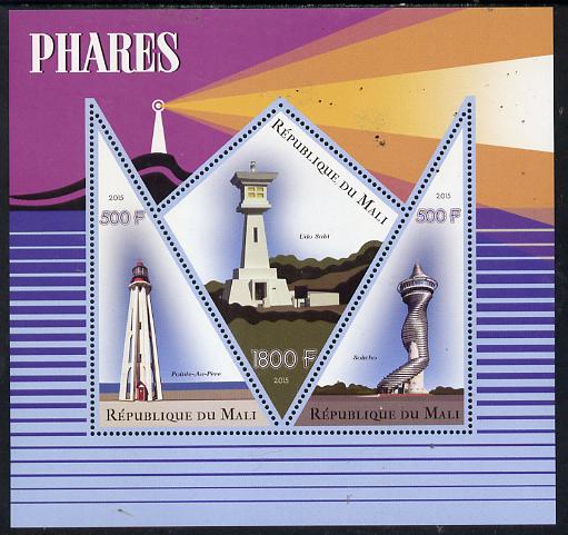 Mali 2015 Lighthouses perf sheetlet containing one diamond shaped & two triangular values unmounted mint, stamps on lighthouses, stamps on shaped, stamps on triangle, stamps on trianguler, stamps on diamond