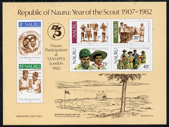 Nauru 1982 75th Anniversary of Scouting m/sheet unmounted mint, SG MS 262, stamps on scouts