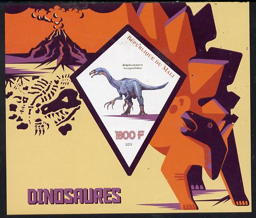 Mali 2015 Dinosaurs imperf deluxe sheet containing one diamond shaped value unmounted mint, stamps on , stamps on  stamps on dinosaurs, stamps on  stamps on shaped, stamps on  stamps on triangle, stamps on  stamps on trianguler, stamps on  stamps on diamond