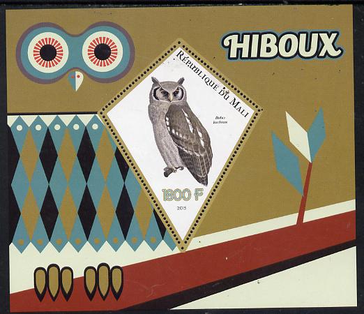 Mali 2015 Owls perf deluxe sheet containing one diamond shaped value unmounted mint, stamps on birds, stamps on birds of prey, stamps on owls, stamps on shaped, stamps on triangle, stamps on trianguler, stamps on diamond