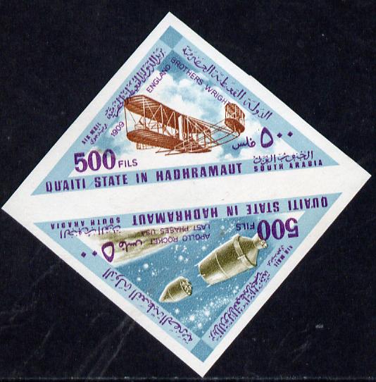 Aden - Qu'aiti 1968 Flight 500f triangular se-tenant imperf pair (Wright Brothers & Apollo), one inscribed in error '1909 England' plus matched normal inscribed '1903 USA' Minkus cat $650 unmounted mint, stamps on aviation, stamps on triangulars, stamps on space