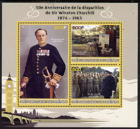 Benin 2015 50th Death Anniversary of Sir Winston Churchill perf sheet containing 3 values unmounted mint , stamps on personalities, stamps on churchill, stamps on constitutions, stamps on  ww2 , stamps on masonry, stamps on masonics, stamps on clocks