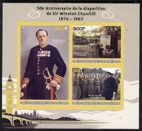 Benin 2015 50th Death Anniversary of Sir Winston Churchill imperf sheet containing 3 values unmounted mint, stamps on personalities, stamps on churchill, stamps on constitutions, stamps on  ww2 , stamps on masonry, stamps on masonics, stamps on clocks