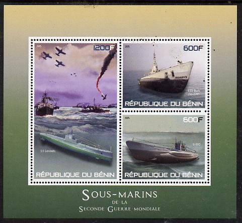 Benin 2015 Submarines perf sheet containing 3 values unmounted mint, stamps on ships, stamps on submarines, stamps on aviation