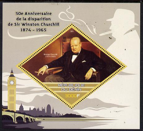 Benin 2015 50th Death Anniversary of Sir Winston Churchill perf deluxe sheet containing one diamond shaped value  unmounted mint, stamps on personalities, stamps on churchill, stamps on constitutions, stamps on  ww2 , stamps on masonry, stamps on masonics, stamps on , stamps on shaped, stamps on diamond, stamps on clocks