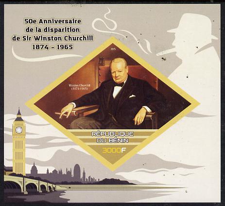 Benin 2015 50th Death Anniversary of Sir Winston Churchill imperf deluxe sheet containing one diamond shaped value  unmounted mint, stamps on personalities, stamps on churchill, stamps on constitutions, stamps on  ww2 , stamps on masonry, stamps on masonics, stamps on , stamps on shaped, stamps on diamond, stamps on clocks