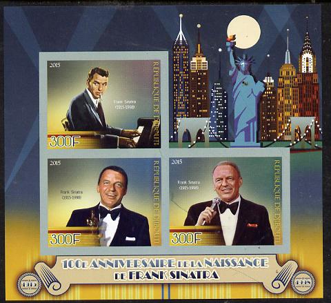 Djibouti 2015 Birth Centenary of Frank Sinatra imperf sheet containing 3 values unmounted mint, stamps on personalities, stamps on sinatra, stamps on music, stamps on films, stamps on cinema, stamps on movies