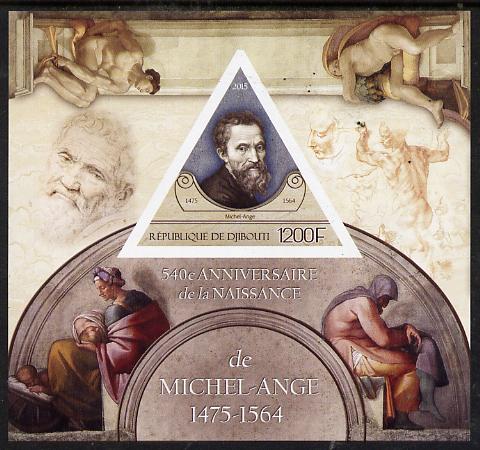 Djibouti 2015 540th Birth Anniversary of Michelangelo imperf deluxe sheet containing one triangular value unmounted mint, stamps on personalities, stamps on michelangelo, stamps on arts, stamps on triangular, stamps on shaped