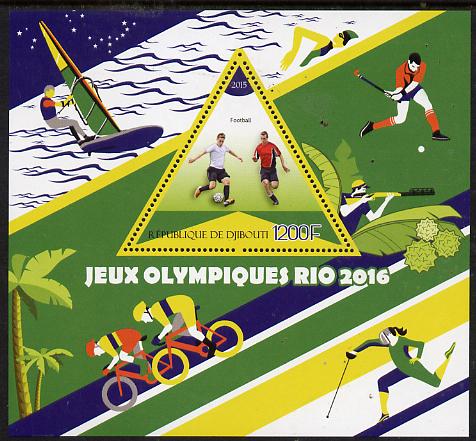 Djibouti 2015 Rio Olympic Games perf deluxe sheet containing one triangular value unmounted mint, stamps on olympics, stamps on footbal, stamps on field hockey, stamps on fencing, stamps on bicycles, stamps on sailing, stamps on , stamps on triangular, stamps on shaped