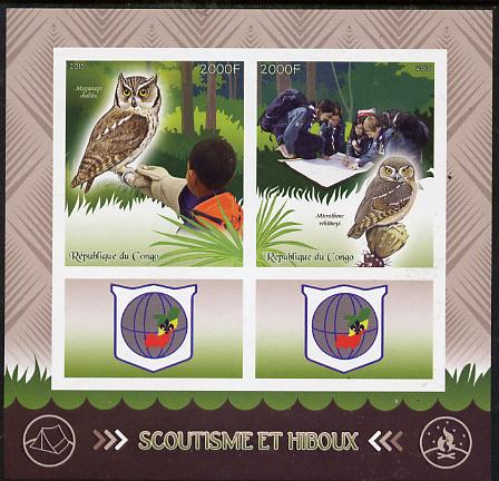 Congo 2015 Scouts & Owls imperf sheetlet containing 2 stamps & 2 labels unmounted mint , stamps on scouts, stamps on birds, stamps on birds of prey, stamps on owls