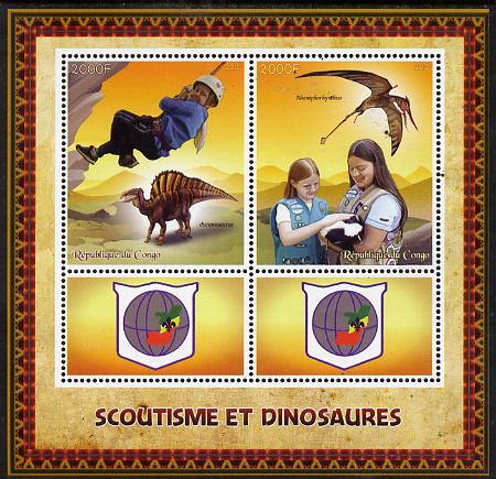 Congo 2015 Scouts & Dinosaurs perf sheetlet containing 2 stamps & 2 labels unmounted mint , stamps on scouts, stamps on dinosaurs