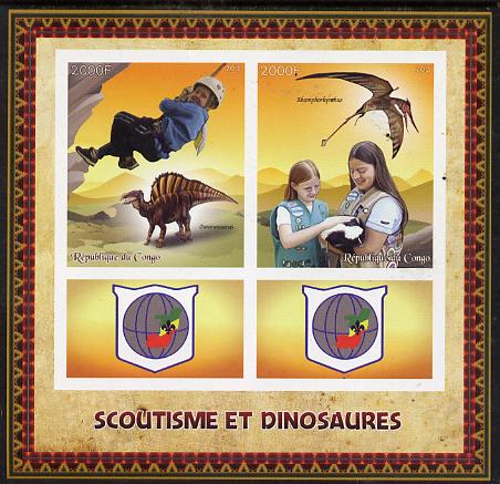 Congo 2015 Scouts & Dinosaurs imerf sheetlet containing 2 stamps & 2 labels unmounted mint , stamps on scouts, stamps on dinosaurs