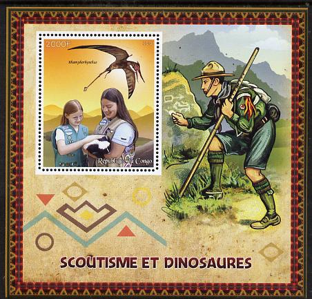 Congo 2015 Scouts & Dinosaurs perf deluxe sheet #2 containing one value unmounted mint , stamps on scouts, stamps on dinosaurs