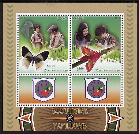 Congo 2015 Scouts & Butterflies perf sheetlet containing 2 stamps & 2 labels unmounted mint , stamps on scouts, stamps on butterflies