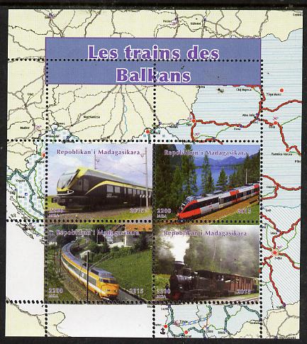 Madagascar 2015 Trains of The Balkans ierf sheetlet containing 4 values unmounted mint. Note this item is privately produced and is offered purely on its thematic appeal, it has no postal validity, stamps on railways