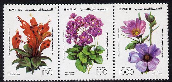 Syria 1993 Int Flower Show strip of 3 unmounted mint, SG 1869a, stamps on flowers