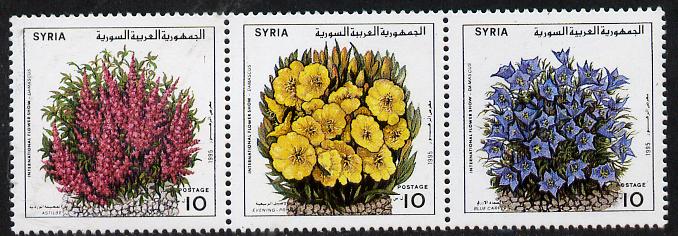 Syria 1995 Int Flower Show strip of 3 unmounted mint, stamps on flowers