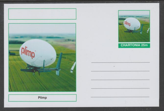 Chartonia (Fantasy) Airships & Balloons - 'Plimp' postal stationery card unused and fine, stamps on , stamps on  stamps on transport, stamps on  stamps on aviation, stamps on  stamps on airships, stamps on  stamps on 