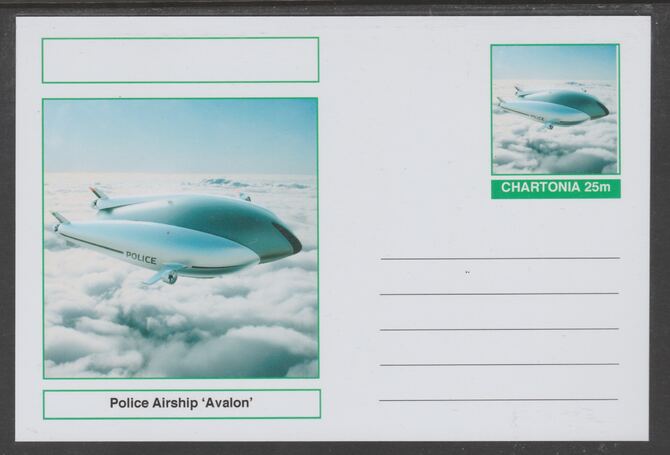 Chartonia (Fantasy) Airships & Balloons - Police Airship Avalon postal stationery card unused and fine, stamps on transport, stamps on aviation, stamps on airships, stamps on police