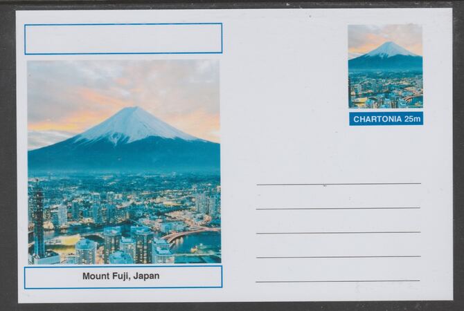 Chartonia (Fantasy) Landmarks - Mount Fuji, Japan postal stationery card unused and fine, stamps on tourism, stamps on mountains