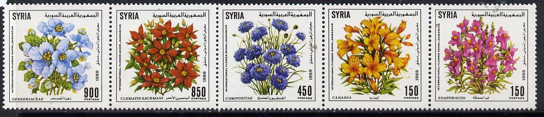 Syria 1989 Int Flower Show strip of 5, SG 1727a, stamps on flowers