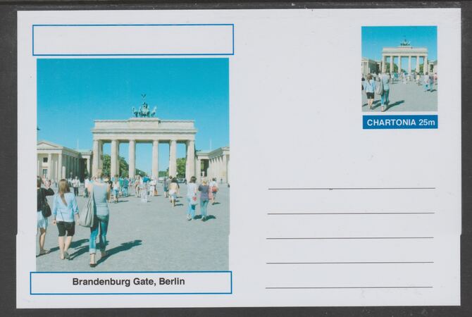 Chartonia (Fantasy) Landmarks - Brandenburg Gate, Berlin postal stationery card unused and fine, stamps on tourism, stamps on 