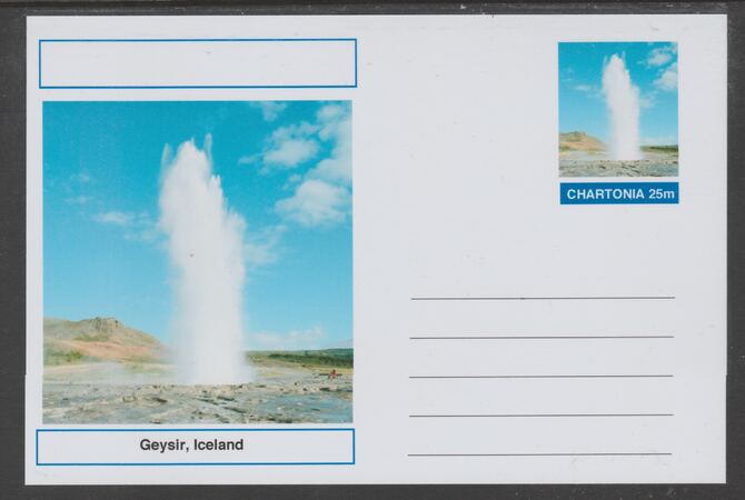 Chartonia (Fantasy) Landmarks - Geysir, Iceland postal stationery card unused and fine, stamps on tourism, stamps on 
