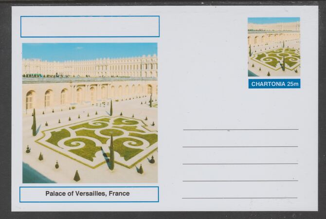 Chartonia (Fantasy) Landmarks - Palace of Versailles, France postal stationery card unused and fine, stamps on tourism, stamps on 