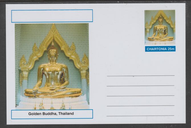 Chartonia (Fantasy) Landmarks - Golden Buddha, Thailand postal stationery card unused and fine, stamps on tourism, stamps on religion, stamps on  buddhism