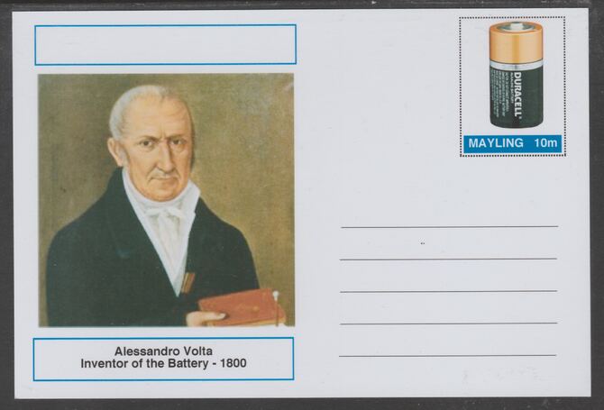 Mayling (Fantasy) Great Minds - Alessandro Volta - glossy postal stationery card unused and fine, stamps on personalities, stamps on science
