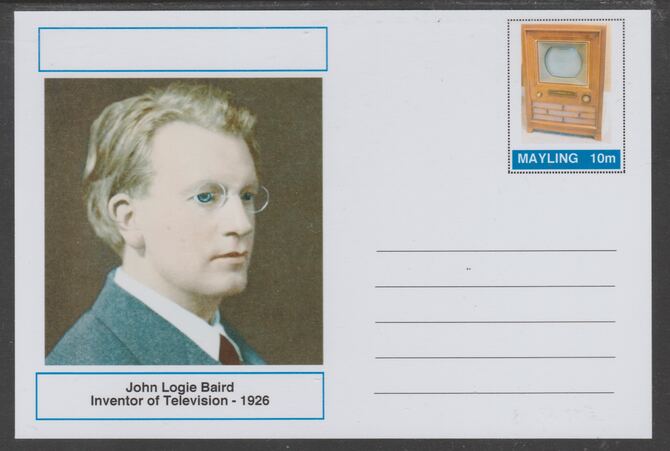Mayling (Fantasy) Great Minds - John Logie Baird - glossy postal stationery card unused and fine, stamps on personalities, stamps on  tv , stamps on 
