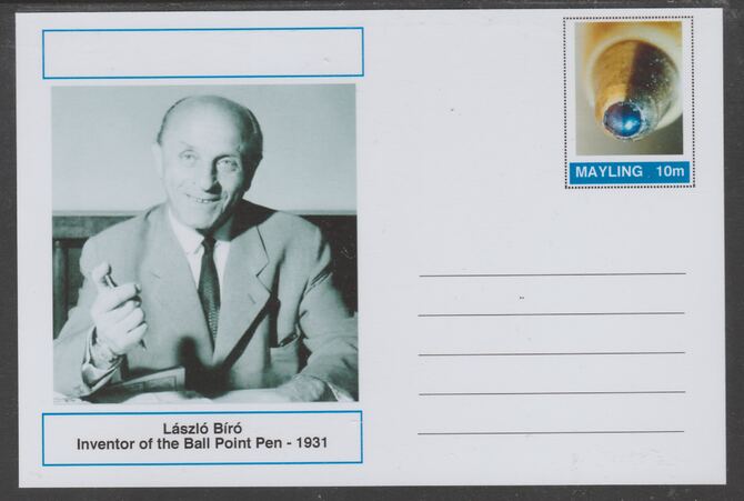 Mayling (Fantasy) Great Minds - Laszlo Biro - glossy postal stationery card unused and fine, stamps on personalities, stamps on science, stamps on 