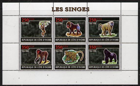 Ivory Coast 2009 Monkeys perf sheetlet containing 6 values unmounted mint, stamps on animals, stamps on apes