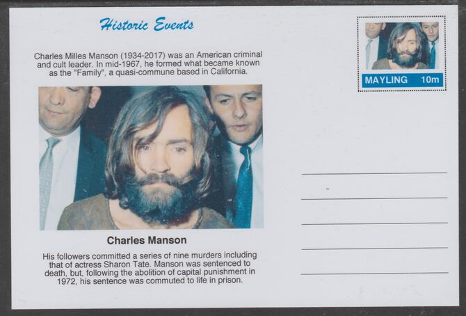 Mayling (Fantasy) Historic Events - Charles Manson - glossy postal stationery card unused and fine, stamps on religion
