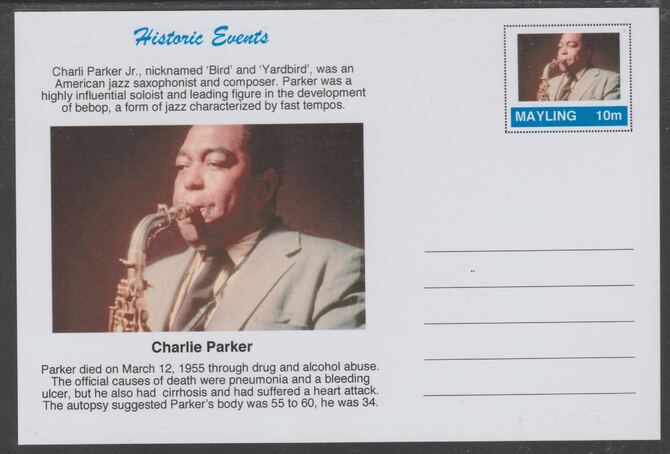 Mayling (Fantasy) Historic Events - Charlie Parker - glossy postal stationery card unused and fine, stamps on , stamps on  stamps on music, stamps on  stamps on jazz