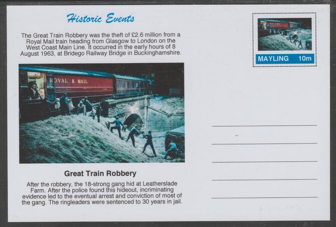 Mayling (Fantasy) Historic Events - Great Train Robbery - glossy postal stationery card unused and fine, stamps on railways, stamps on postal