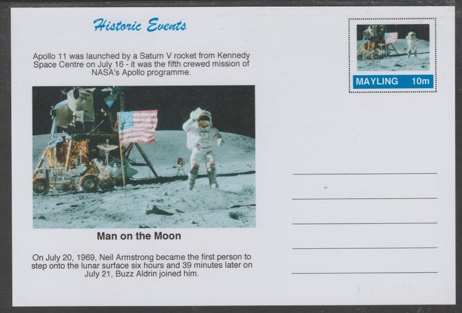 Mayling (Fantasy) Historic Events - Man on the Moon - glossy postal stationery card unused and fine, stamps on , stamps on  stamps on space, stamps on  stamps on apollo, stamps on  stamps on flag, stamps on  stamps on 