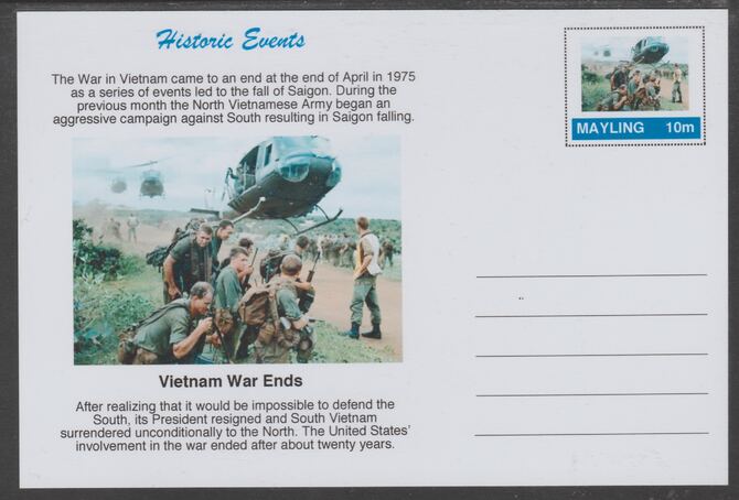 Mayling (Fantasy) Historic Events - Vietnam War Ends - glossy postal stationery card unused and fine, stamps on helicopters, stamps on militaria