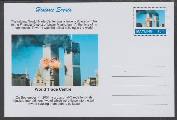Mayling (Fantasy) Historic Events - World Trade Centre - glossy postal stationery card unused and fine, stamps on , stamps on  stamps on terrorism, stamps on  stamps on americana