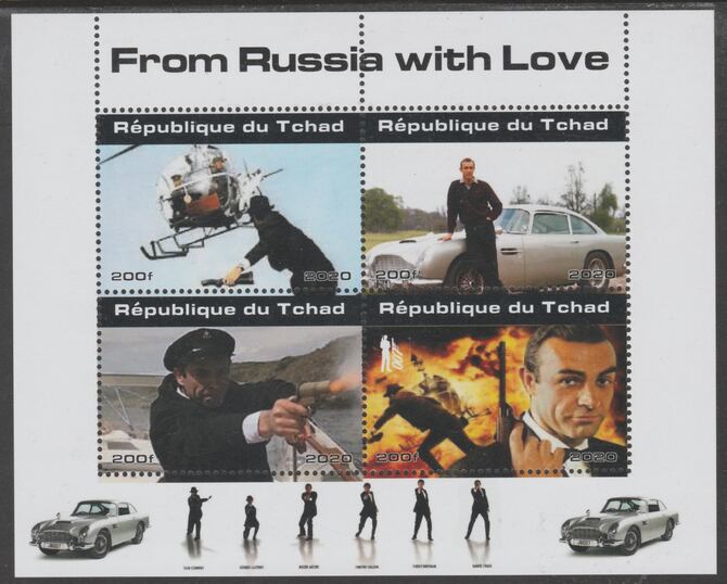 Chad 2020 James Bond - From Russia With Love perf sheetlet containing 4 values unmounted mint. Note this item is privately produced and is offered purely on its thematic appeal, stamps on movies, stamps on films, stamps on cinena.james bond, stamps on  spy , stamps on cars, stamps on helicopters