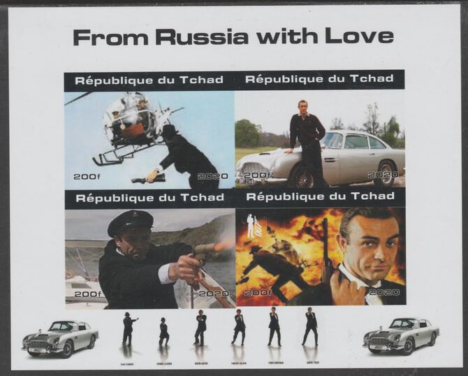 Chad 2020 James Bond - From Russia With Love imperf sheetlet containing 4 values unmounted mint. Note this item is privately produced and is offered purely on its themati..., stamps on movies, stamps on films, stamps on cinena.james bond, stamps on  spy , stamps on cars, stamps on helicopters