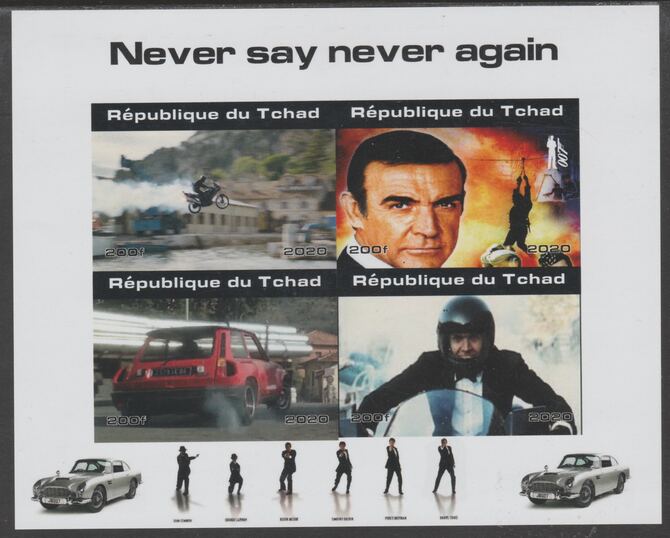 Chad 2020 James Bond - Never Say Never Again imperf sheetlet containing 4 values unmounted mint. Note this item is privately produced and is offered purely on its themati..., stamps on movies, stamps on films, stamps on cinena.james bond, stamps on  spy , stamps on cars, stamps on motorcycles