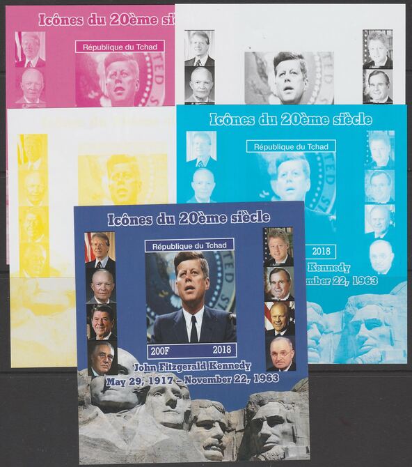 Chad 2018 Icons of 20th Century - J F Kennedy - imperf set of 5 progressive sheets comprising the 4 individual colours and completed design unmounted mint. Note this item is privately produced and is offered purely on its thematic appeal, stamps on kennedy, stamps on usa presidents, stamps on americana