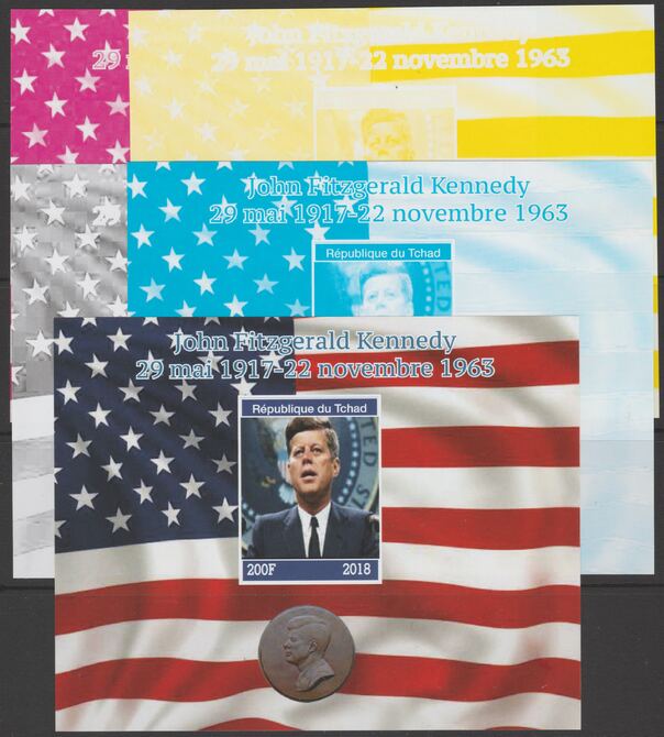 Chad 2018 John Fitzgerald Kennedy - imperf set of 5 progressive sheets comprising the 4 individual colours and completed design unmounted mint. Note this item is privatel..., stamps on kennedy, stamps on usa presidents, stamps on americana