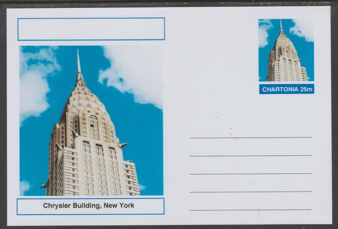 Chartonia (Fantasy) Landmarks - Chrysler Building, New York postal stationery card unused and fine, stamps on tourism, stamps on architecture