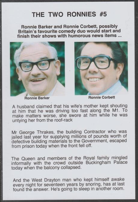 Cinderella - The Two Ronnies #05 Glossy card 150 x 100 mm showing Ronnie B & Ronnie C and 4 of their humorous news items, stamps on personalities, stamps on comedy, stamps on humour